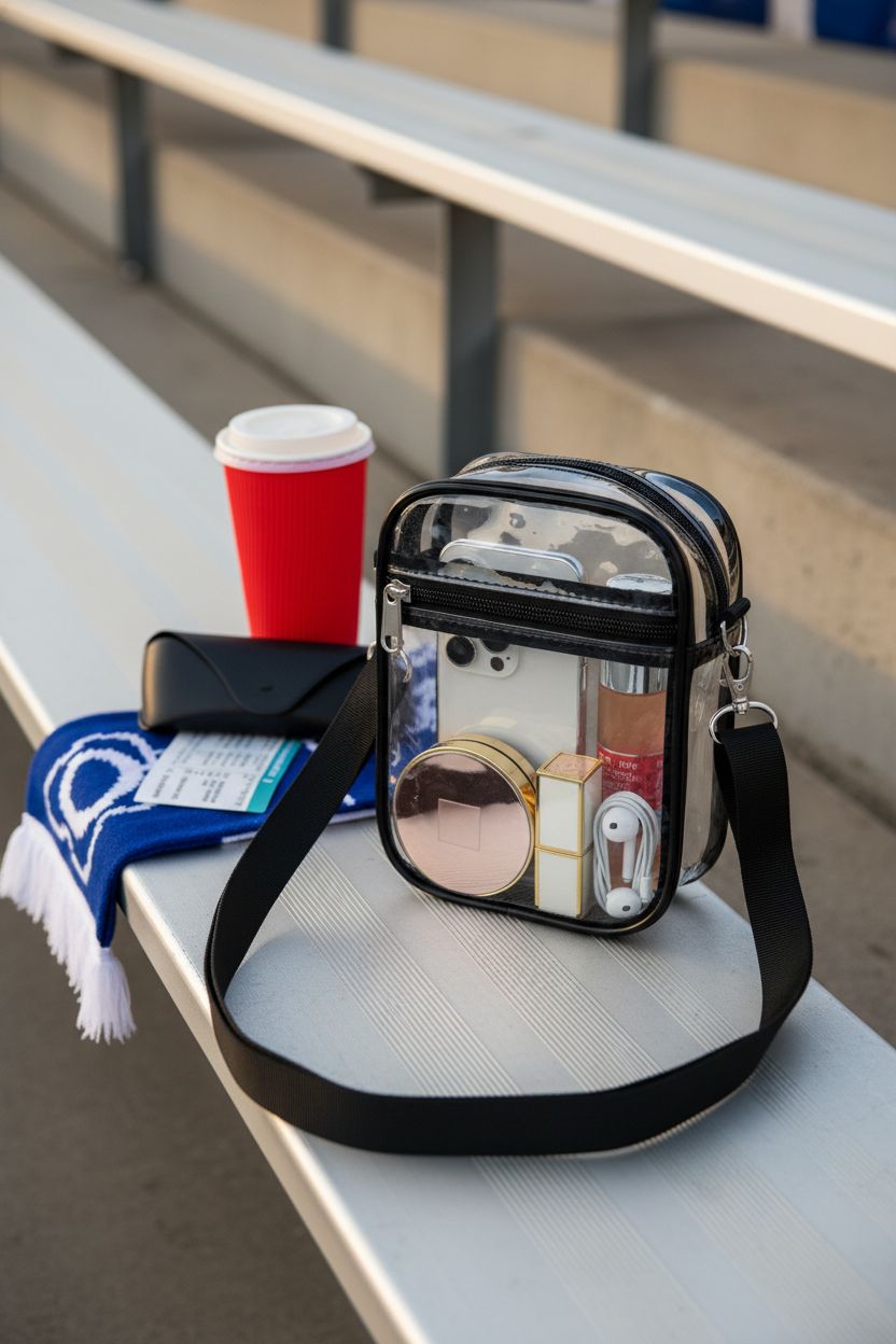 USPECLARE clear bag resting on bleachers with game day essentials, evoking stadium vibes