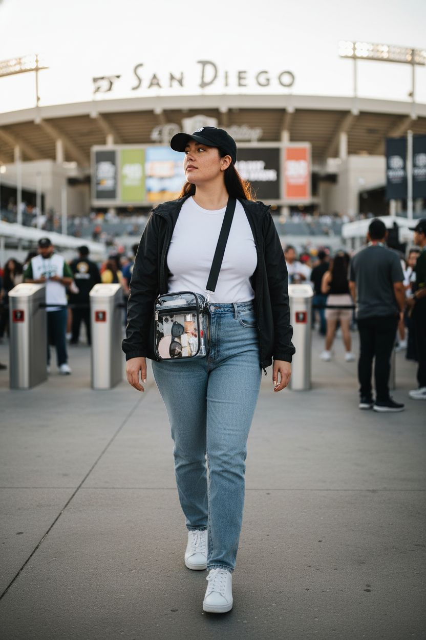 USPECLARE clear crossbody bag showcasing essentials for game day, stylish and stadium approved