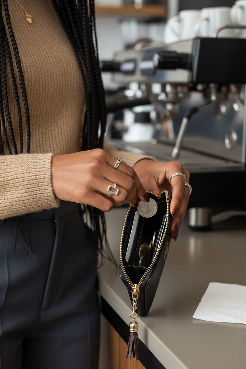 AnnabelZ black coin purse opened at a café counter, revealing card slots and coins