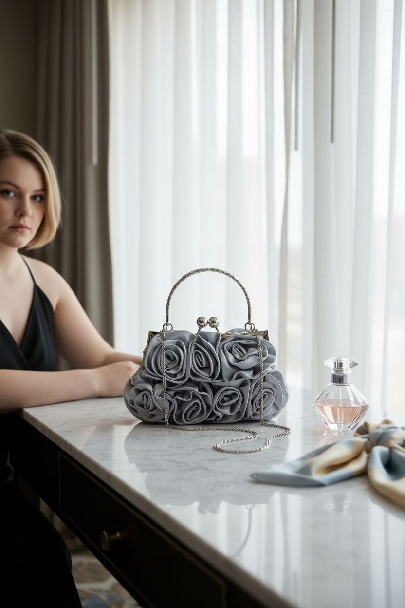 JAMBHALA silver floral clutch bag elegantly placed on a marble vanity, ideal for formal occasions