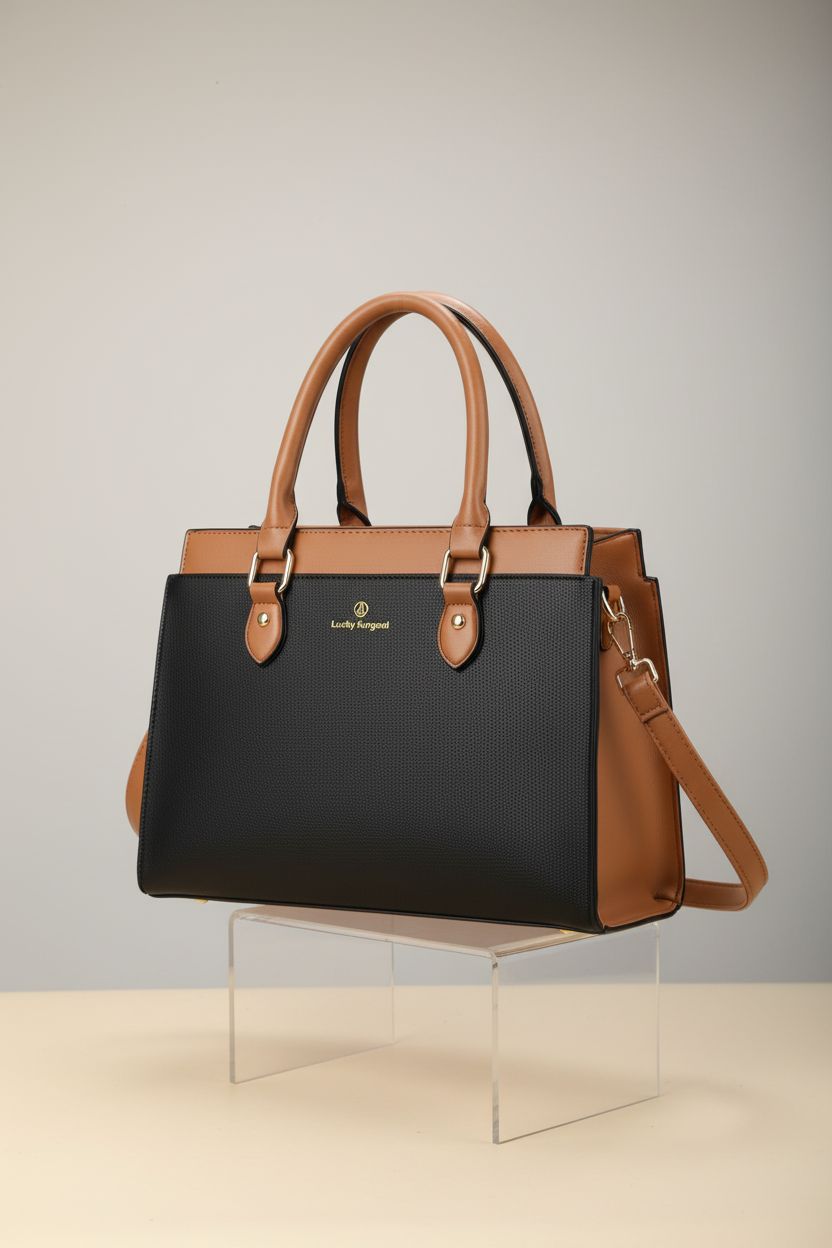 KURGOOL leather handbag showcasing structured design and exterior zip pocket on pedestal.