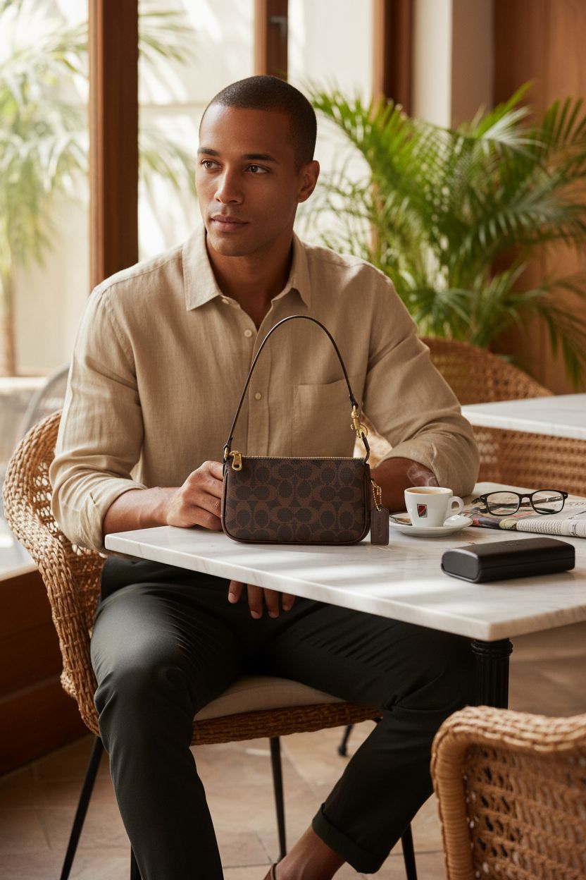 Morning light highlights Coach Plaza Bag 18 beside coffee and newspaper.