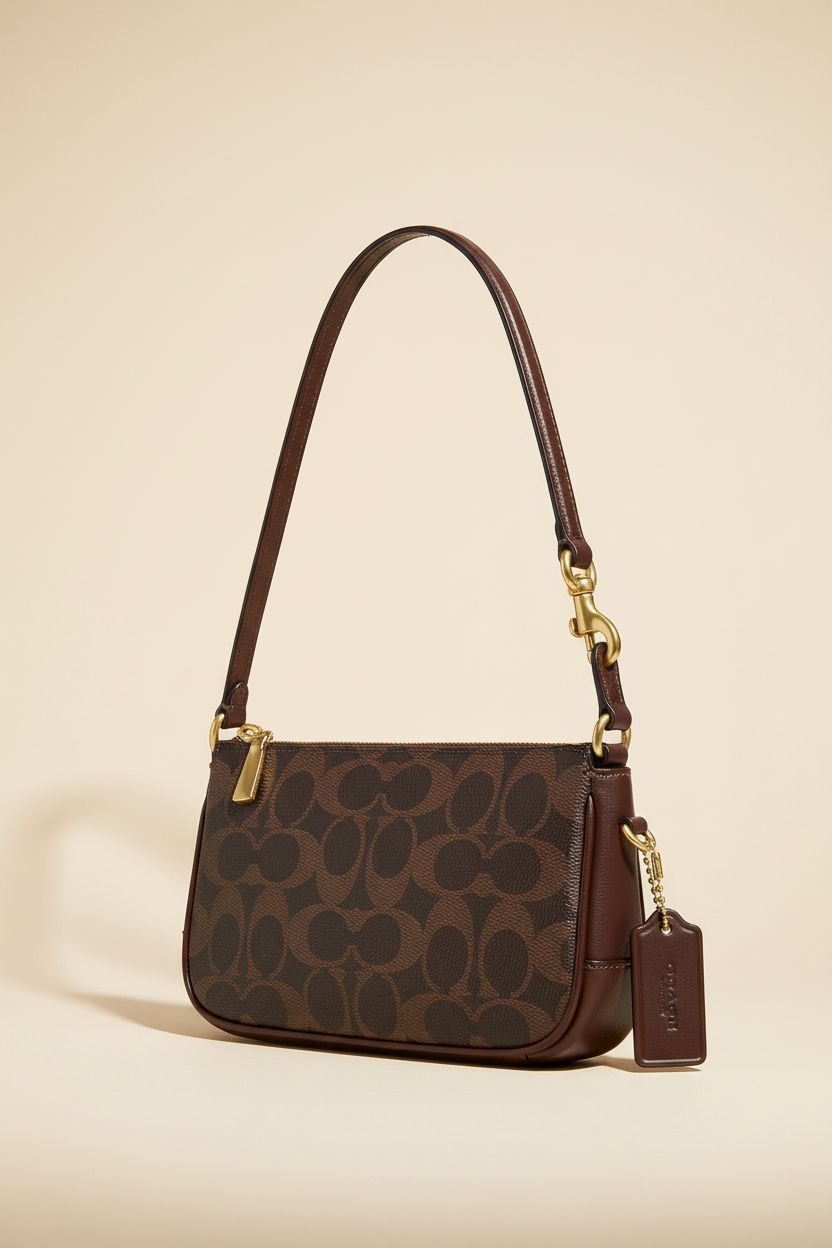 Close-up of Coach Plaza Bag 18 showcasing coated canvas and brass details.