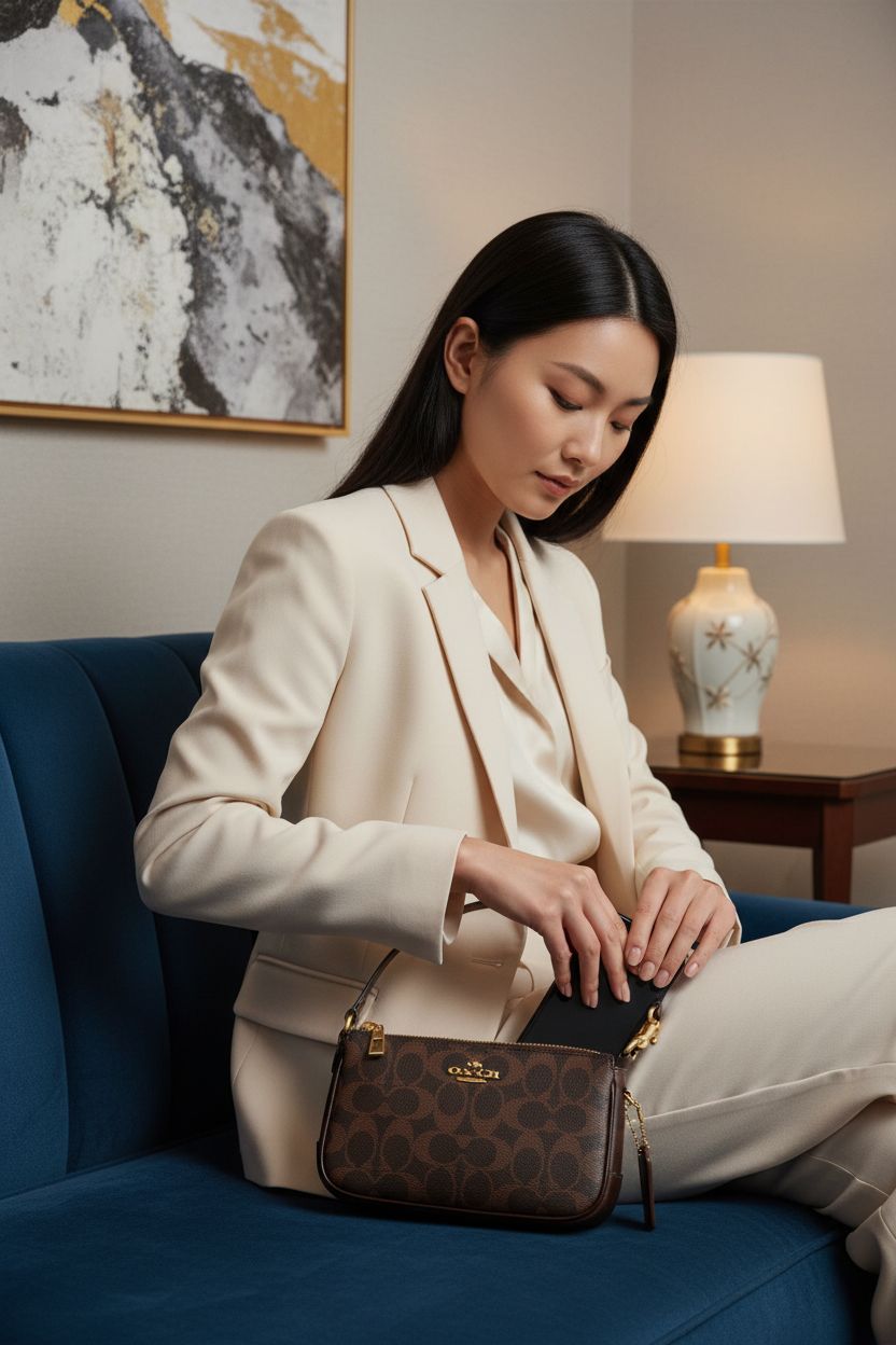 Intimate setting featuring Coach Plaza Bag 18 in a boutique hotel lounge.