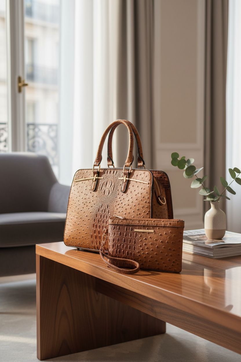 Dasein satchel and clutch on a chic console in a boutique hotel setting