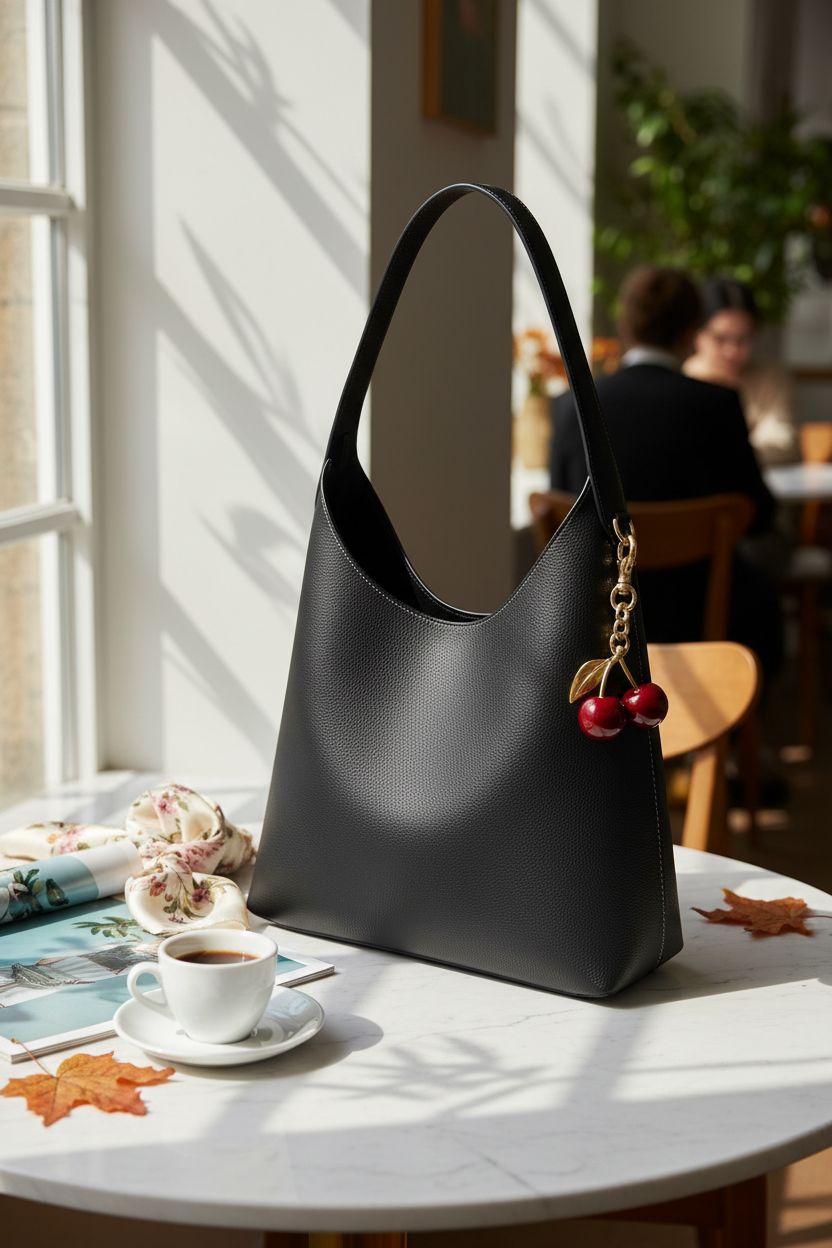 HICARRY faux suede hobo bag with cherry charm beside a fashion magazine and autumn leaves on marble table