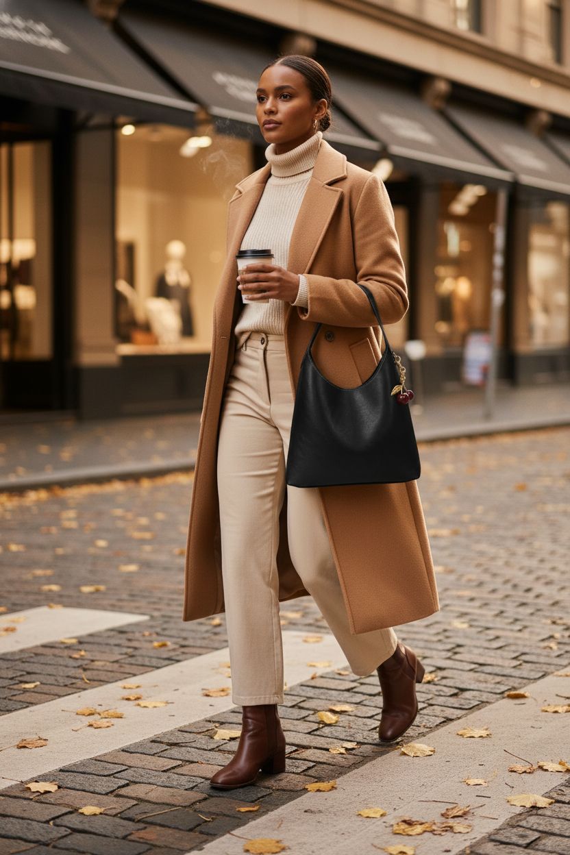 HICARRY black faux suede hobo bag with gold accents and cherry charm in golden hour light