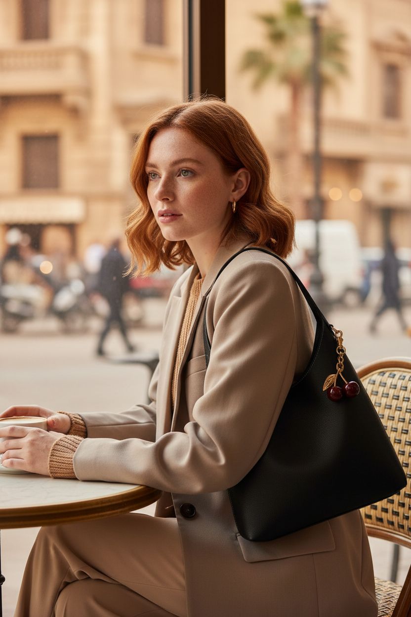 HICARRY vegan leather shoulder bag displayed at a café table, showcasing cherry charm and suede texture