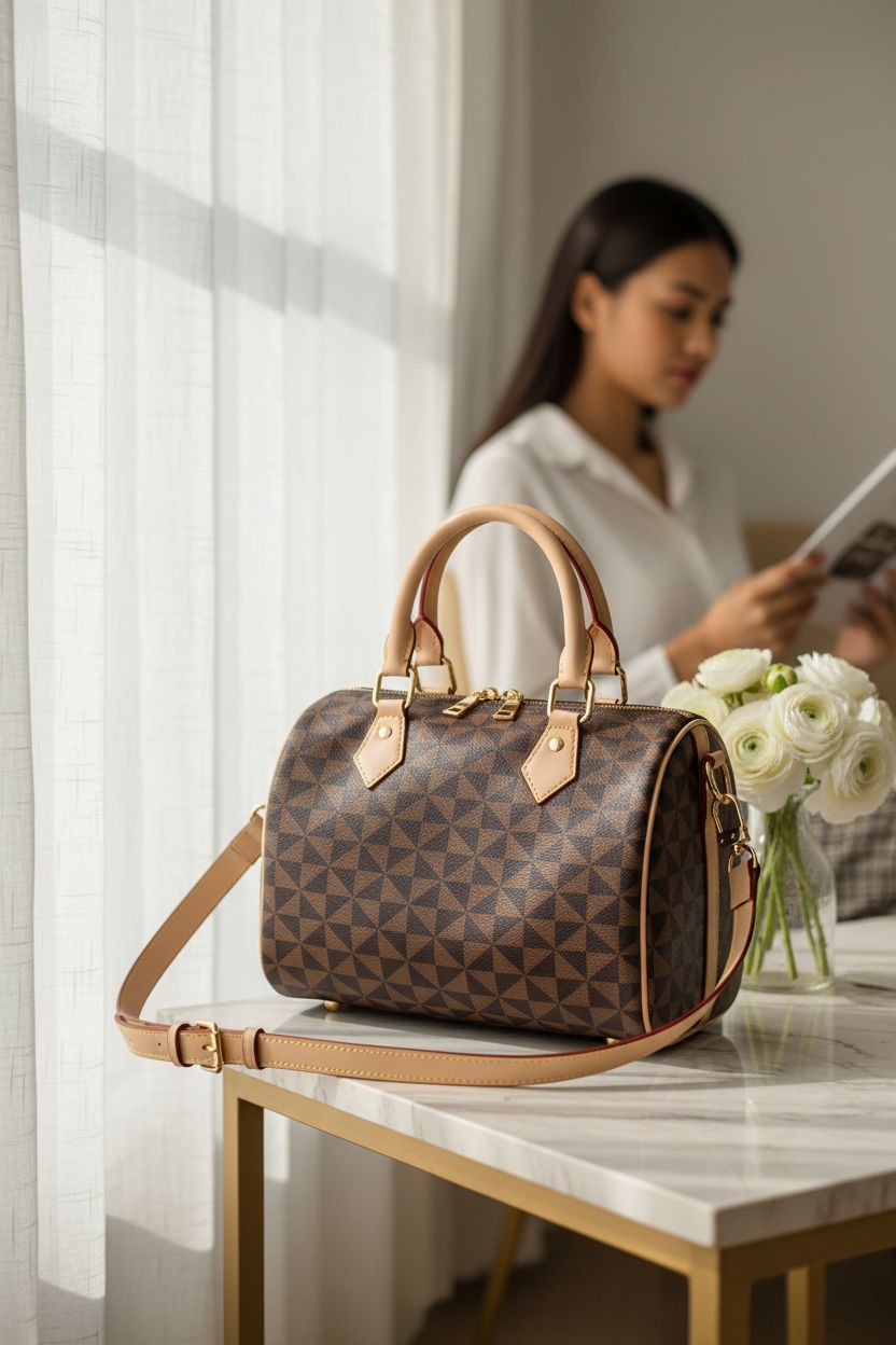 Lacel Urwebin handbag in apricot resting on a marble table with ranunculus, evoking luxury and calm.