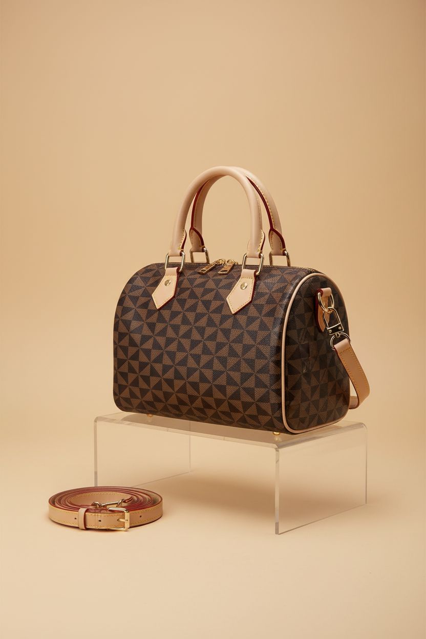 Lacel Urwebin top handle handbag in apricot, showcasing detailed design and craftsmanship in a studio setting.