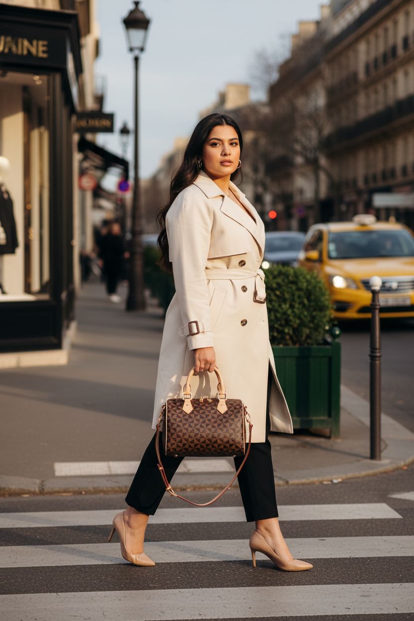 Lacel Urwebin designer handbag in apricot, stylishly carried by top handles on a city sidewalk.
