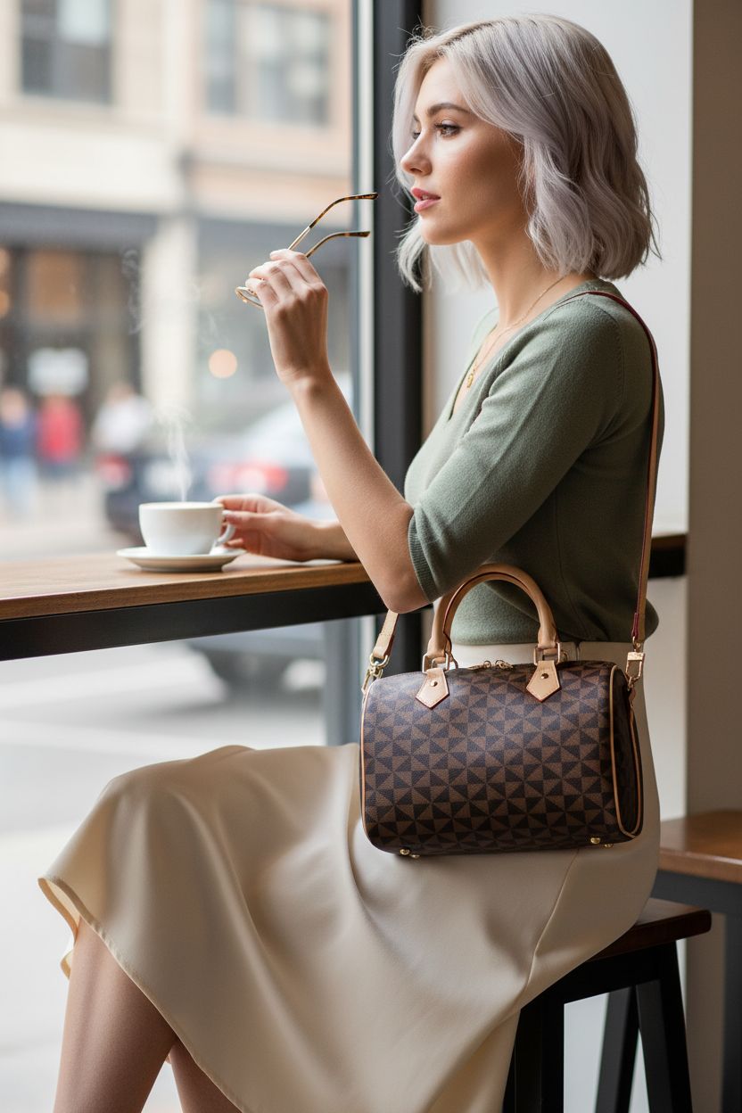 Lacel Urwebin crossbody purse in apricot on café window bar, showcasing modern design and functionality.