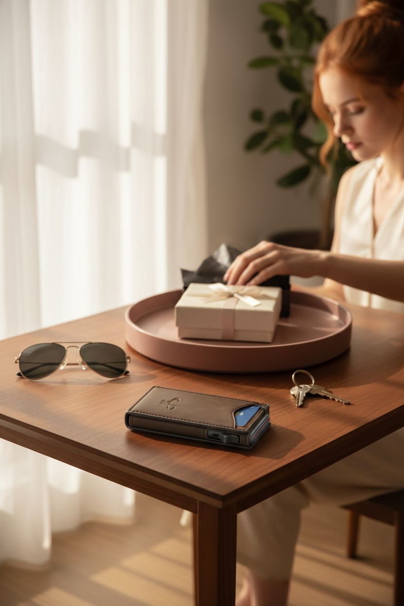 BULLIANT designer wallet displayed on a walnut console beside keys and sunglasses