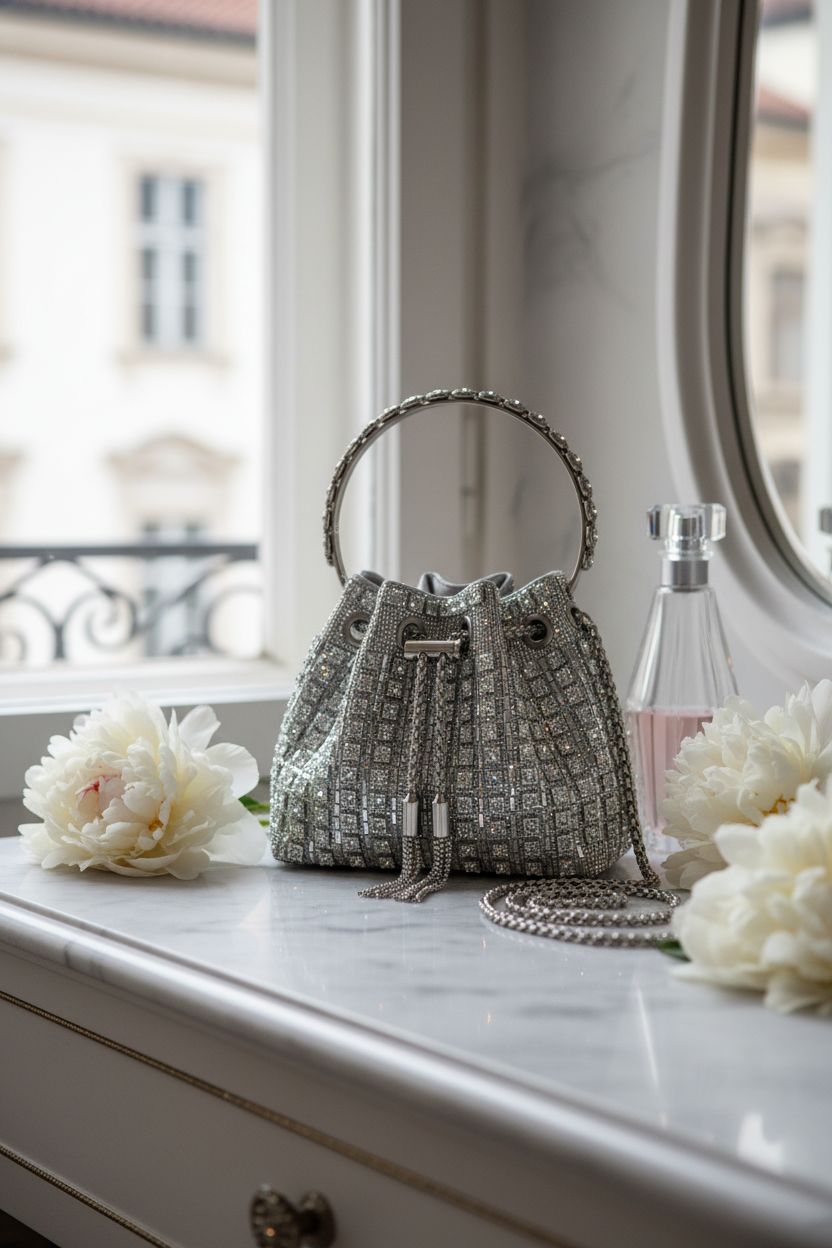 Sweetovo diamond purse elegantly displayed on a marble vanity with soft morning light, highlighting its details