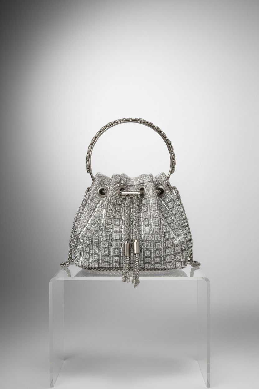 Sweetovo diamond evening bag beautifully showcased on a clear pedestal, emphasizing its luxurious design