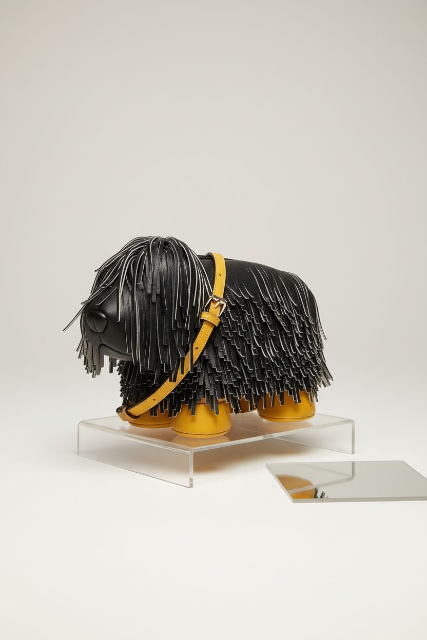 Lyuxhetaokdiq dog print crossbody purse displayed on a minimal riser, emphasizing its stylish black fringe and details.
