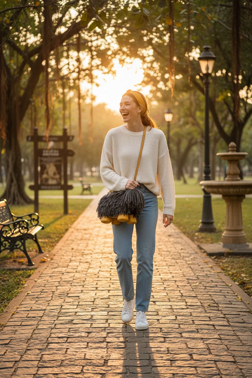 Lyuxhetaokdiq dog print purse swinging at hip level in a park setting, showcasing black fringe details.