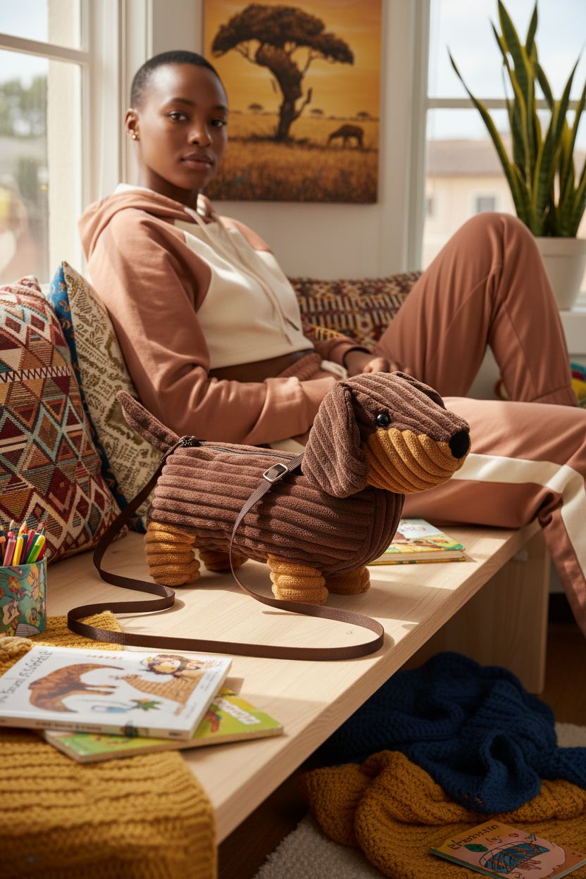Cozy kids' reading nook featuring the plush dachshund purse resting by window, ready for imaginative adventures.