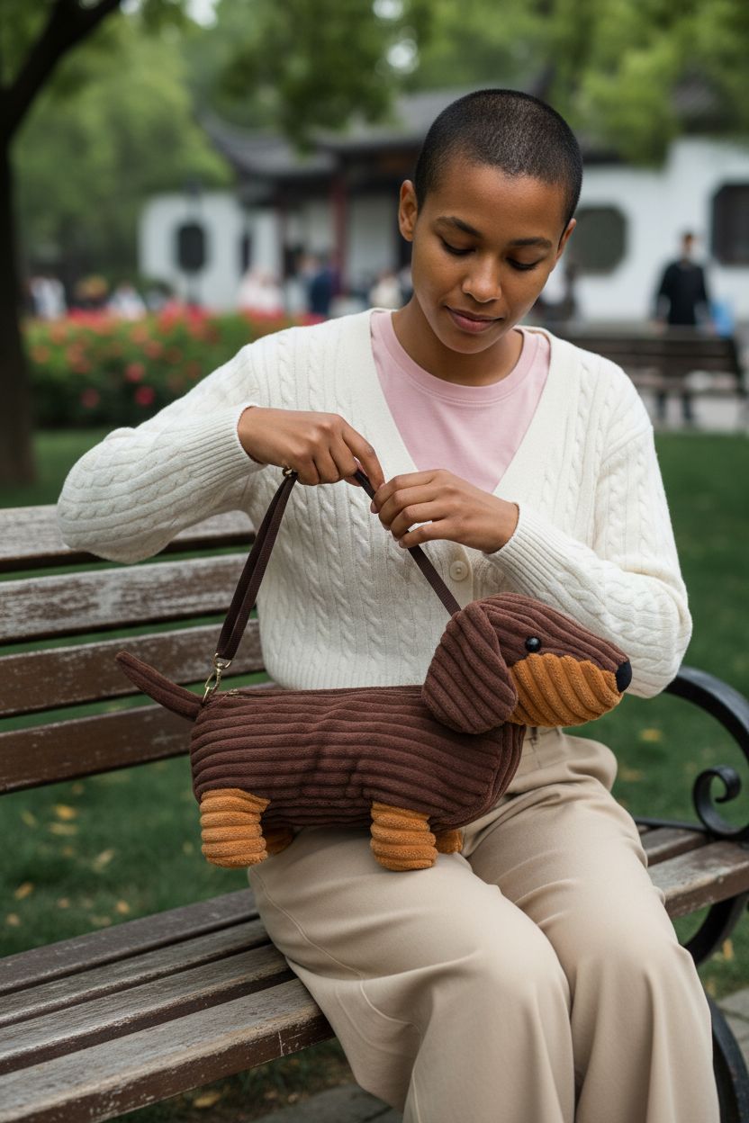 Apricot Lamb plush dachshund crossbody bag in dark chocolate and caramel tones, stylishly held while adjusting strap.