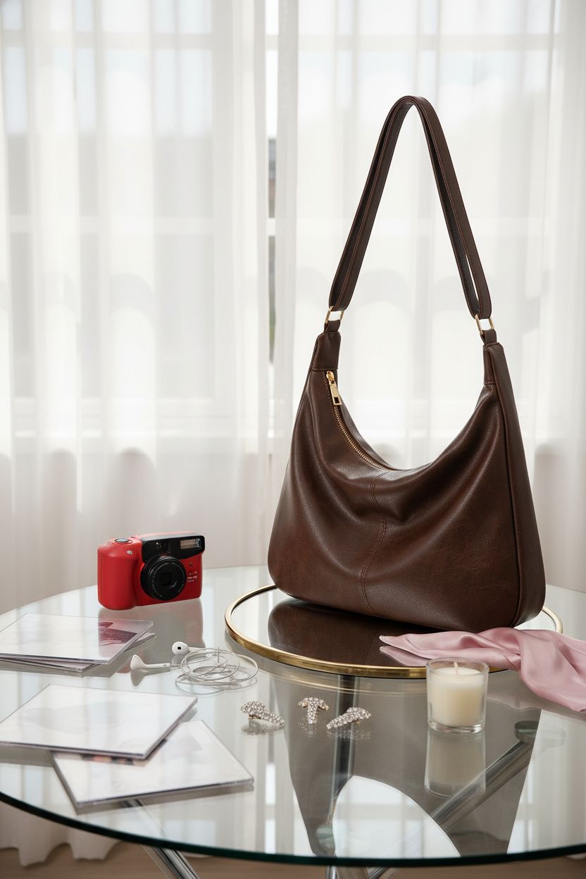 NIUEIMEE ZHOU vegan leather bag on a vanity, accentuating early 2000s glam vibes