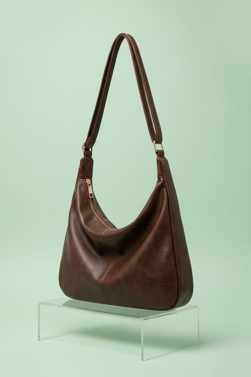 NIUEIMEE ZHOU elegant brown handbag on acrylic riser, highlighting its design and texture