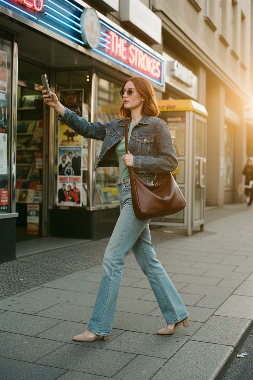 NIUEIMEE ZHOU slouchy brown tote bag over shoulder, embodying early 2000s fashion in Berlin