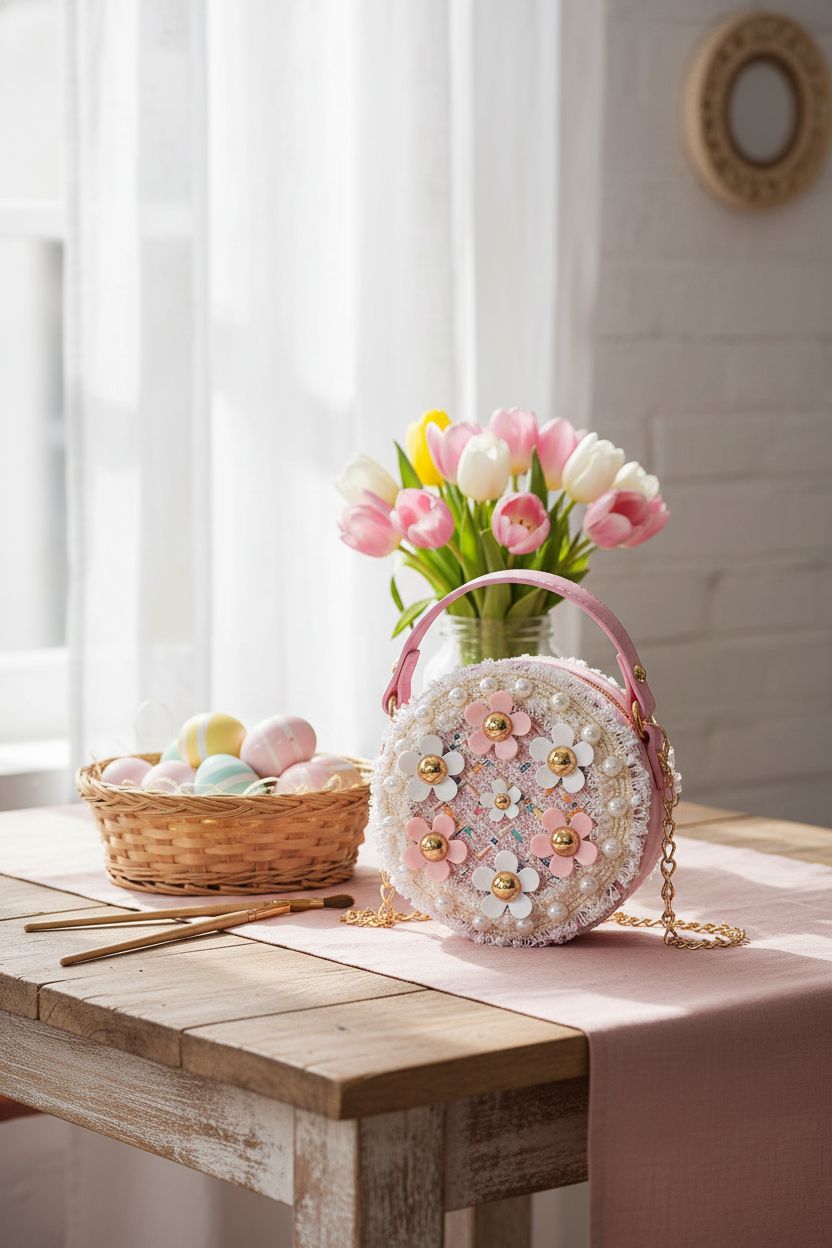Forwe pearl-flower purse beside pastel eggs and tulips in a cozy spring kitchen nook.