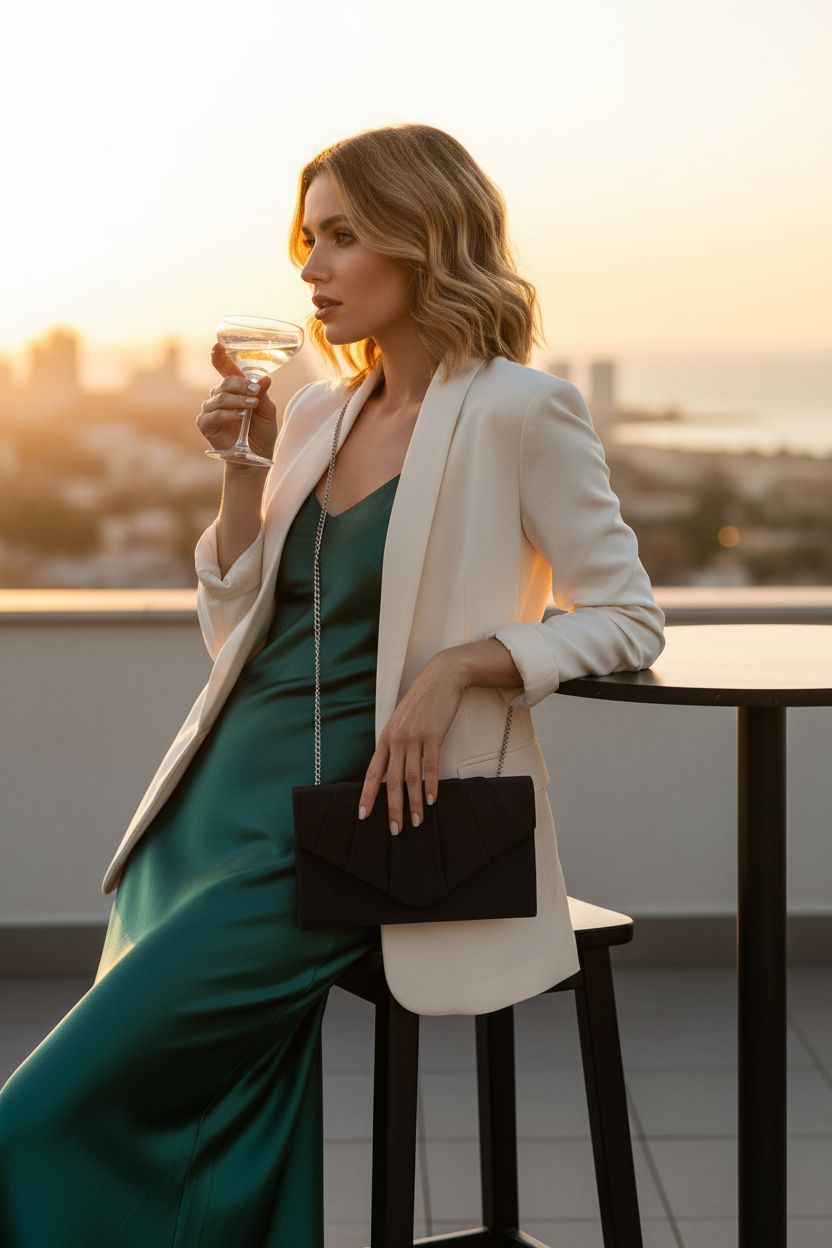 Elegant BBjinronjy black suede clutch purse with chain on a rooftop at sunset