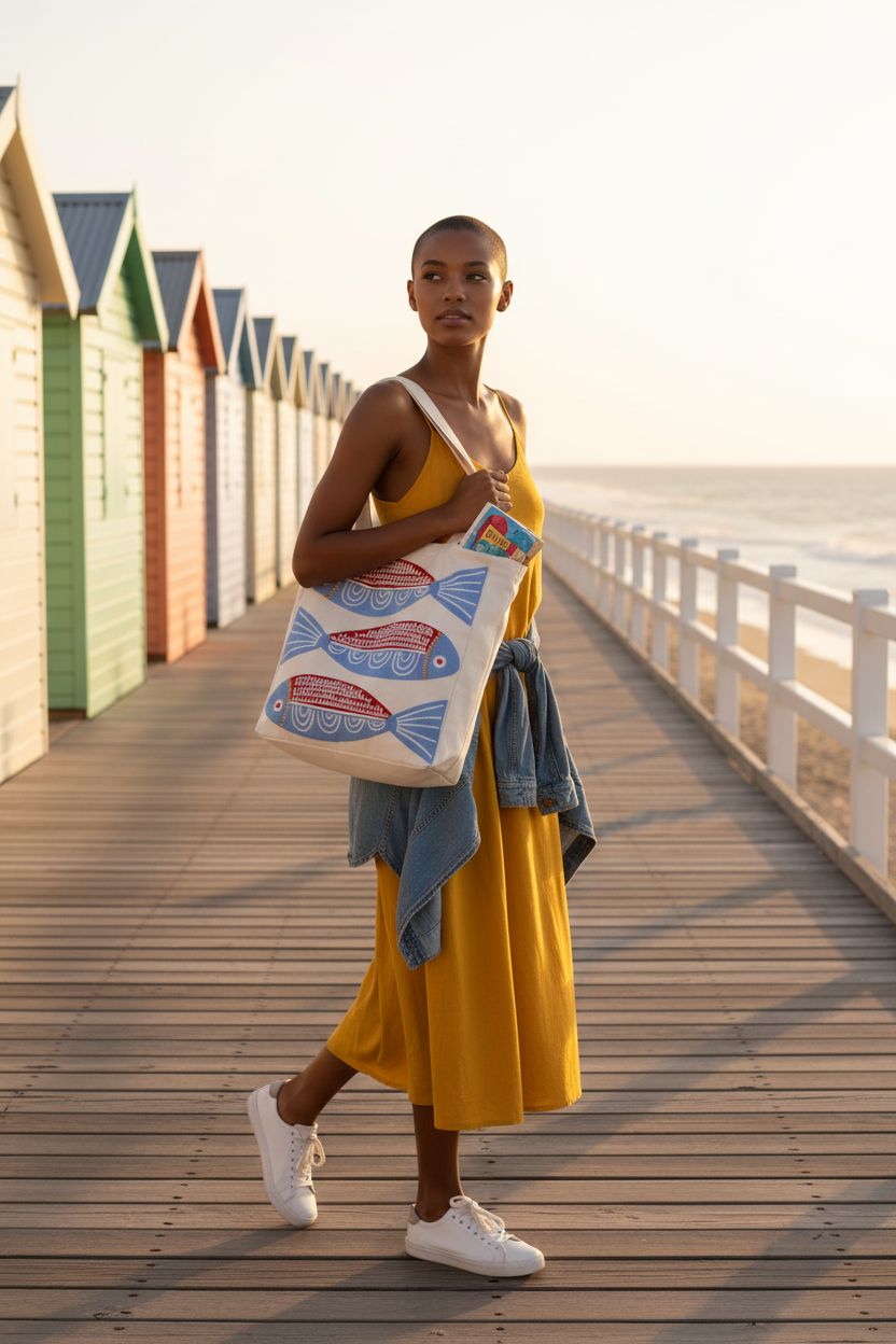 Perseverance Trade ocean-themed bag on a coastal boardwalk with summer essentials.