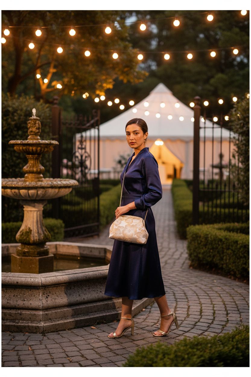 OYOANGLE embroidered purse in champagne gold, styled with a satin dress near a vintage fountain.
