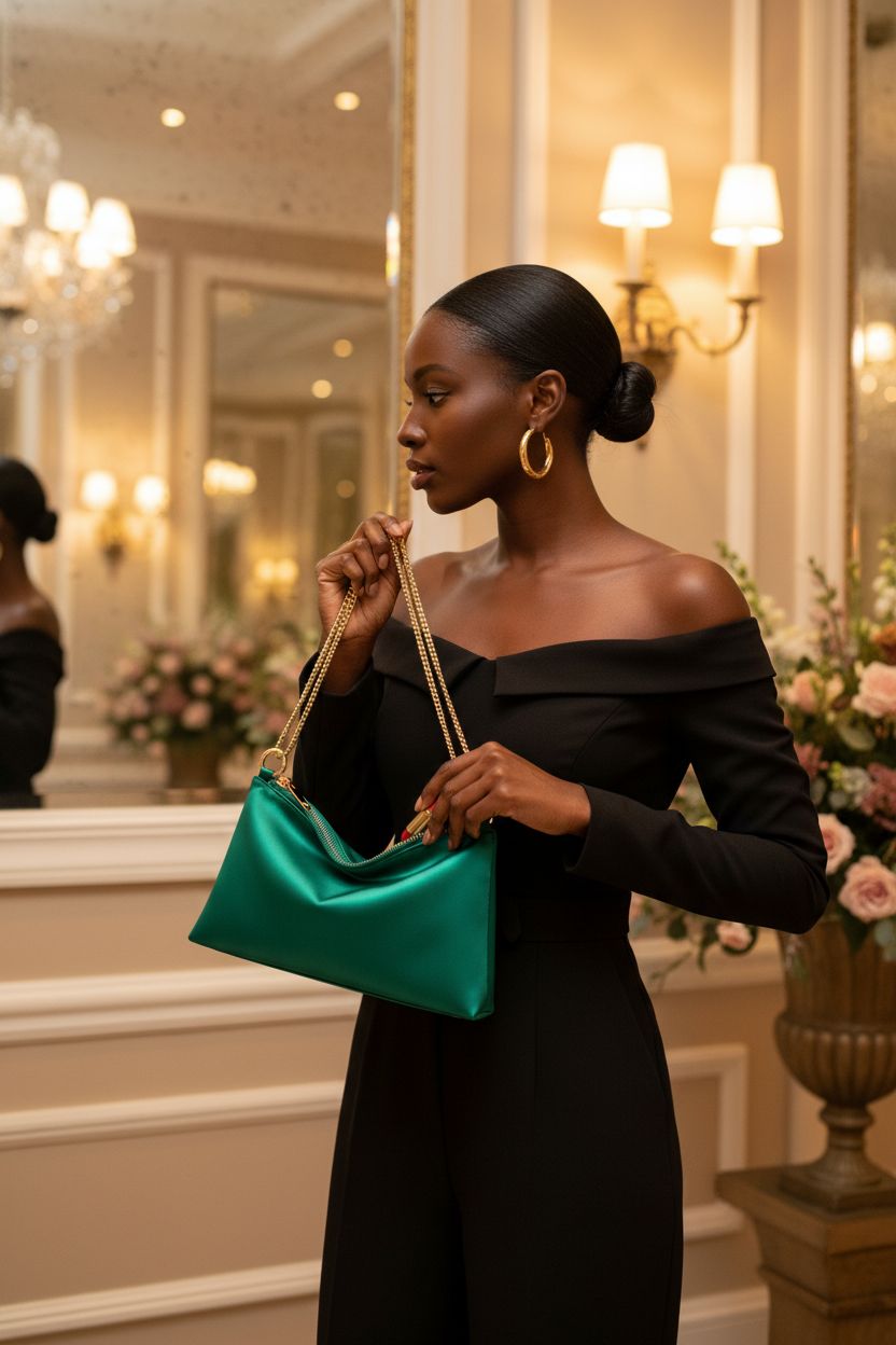 Emerald green satin handbag by oscaurt, styled elegantly in a luxurious hotel setting.
