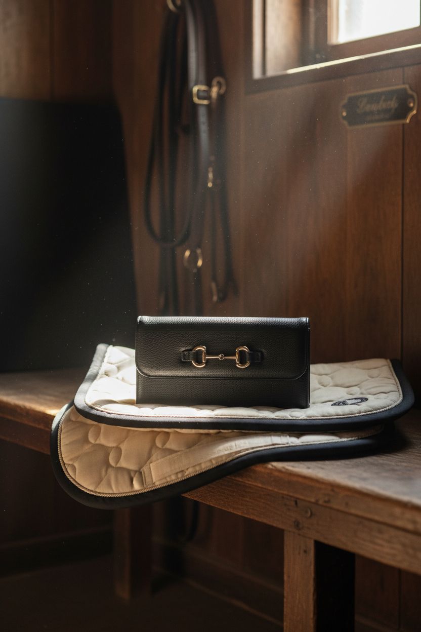 CELAEQ equestrian purse resting on a saddle pad in a tack room.