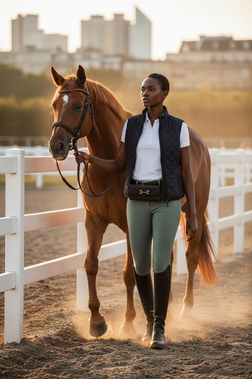 CELAEQ equestrian waist bag with gold bit buckle, styled for horse riding.
