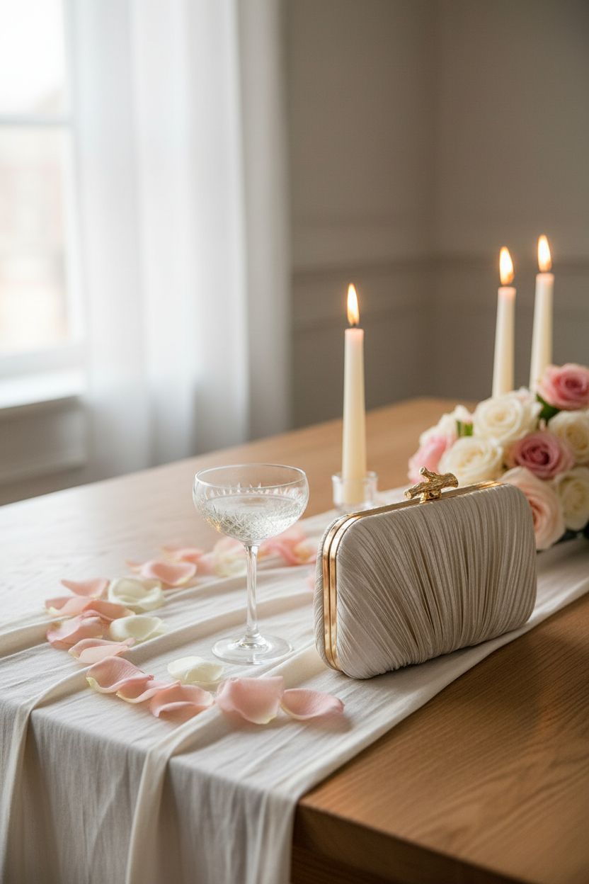 Freie Liebe clutch beside a crystal coupe on an elegant banquet table
