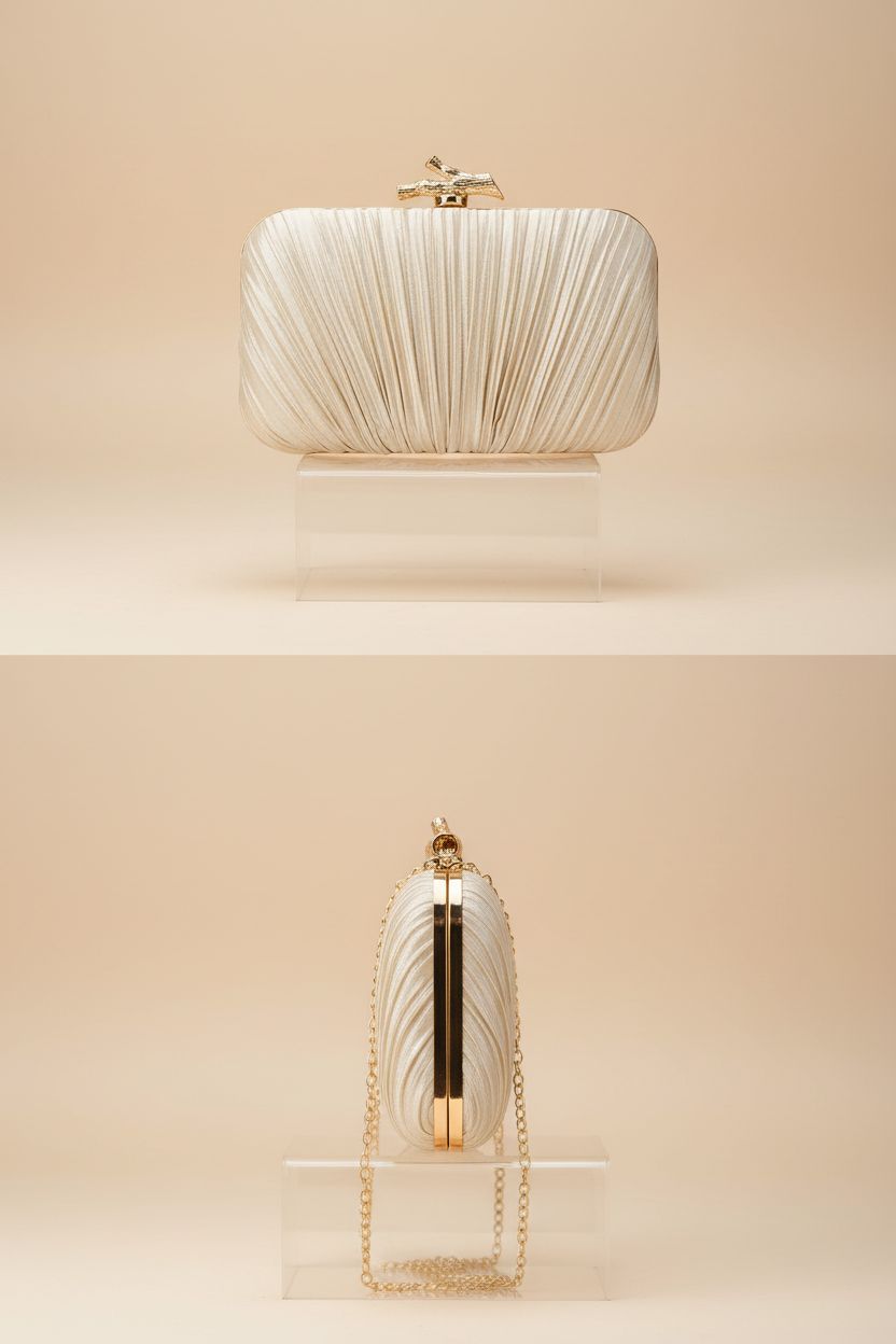 Freie Liebe pleated clutch bag on an elegant ivory background