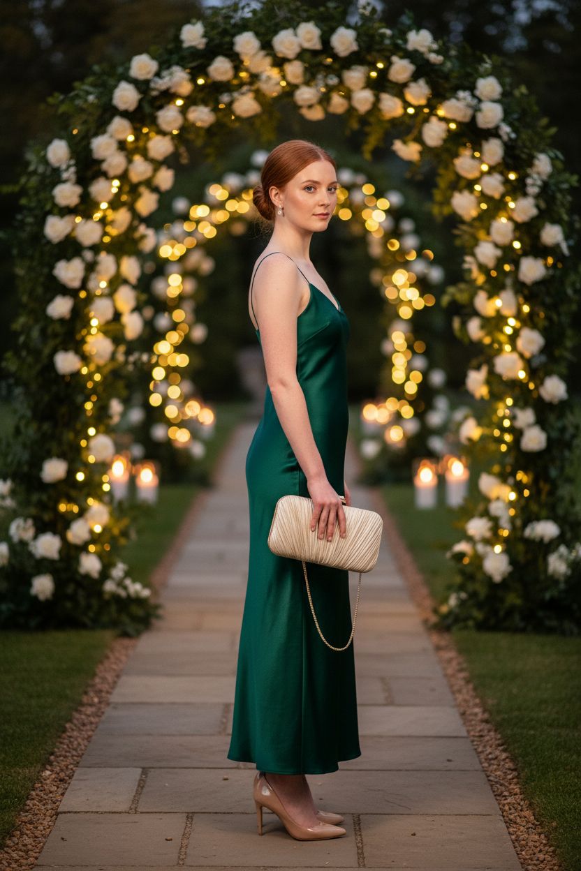 Champagne-gold Freie Liebe pleated clutch bag at a twilight garden wedding