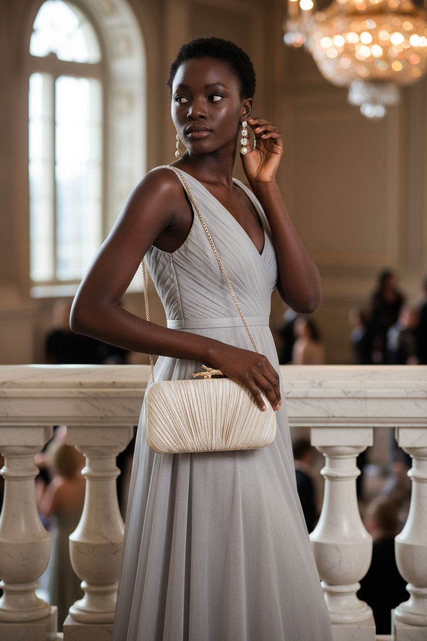 Freie Liebe champagne-gold clutch bag showcased with a grey chiffon gown