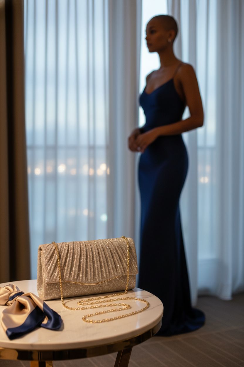 Champagne clutch purse by lovyoCoCo on a marble table with city lights in the background.