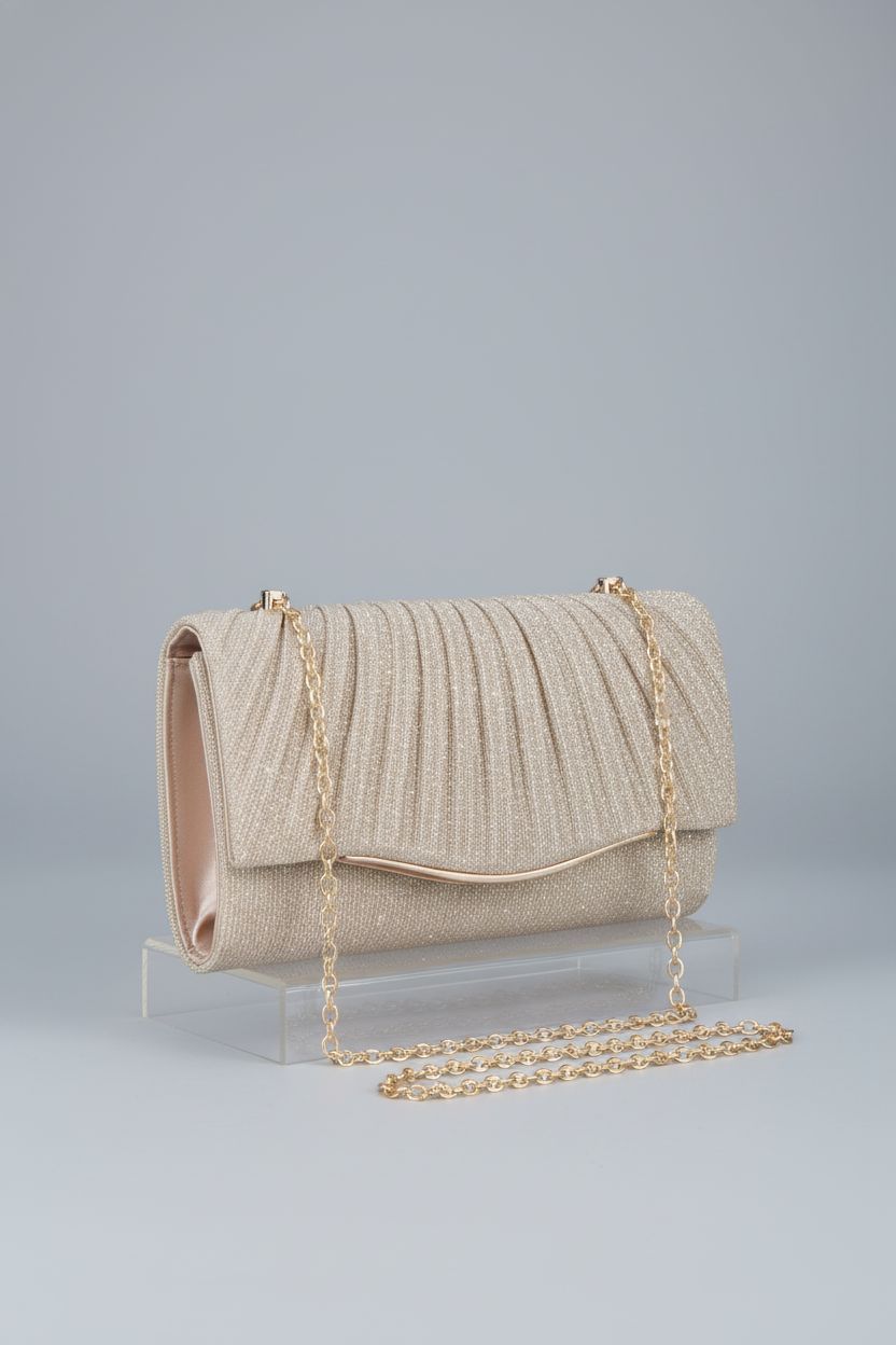 Elegant champagne clutch purse by lovyoCoCo displayed on a minimalist acrylic riser.