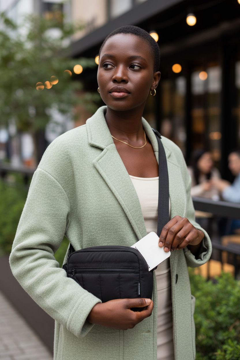 BAGSMART black puffy crossbody purse with RFID slots in stylish urban setting.