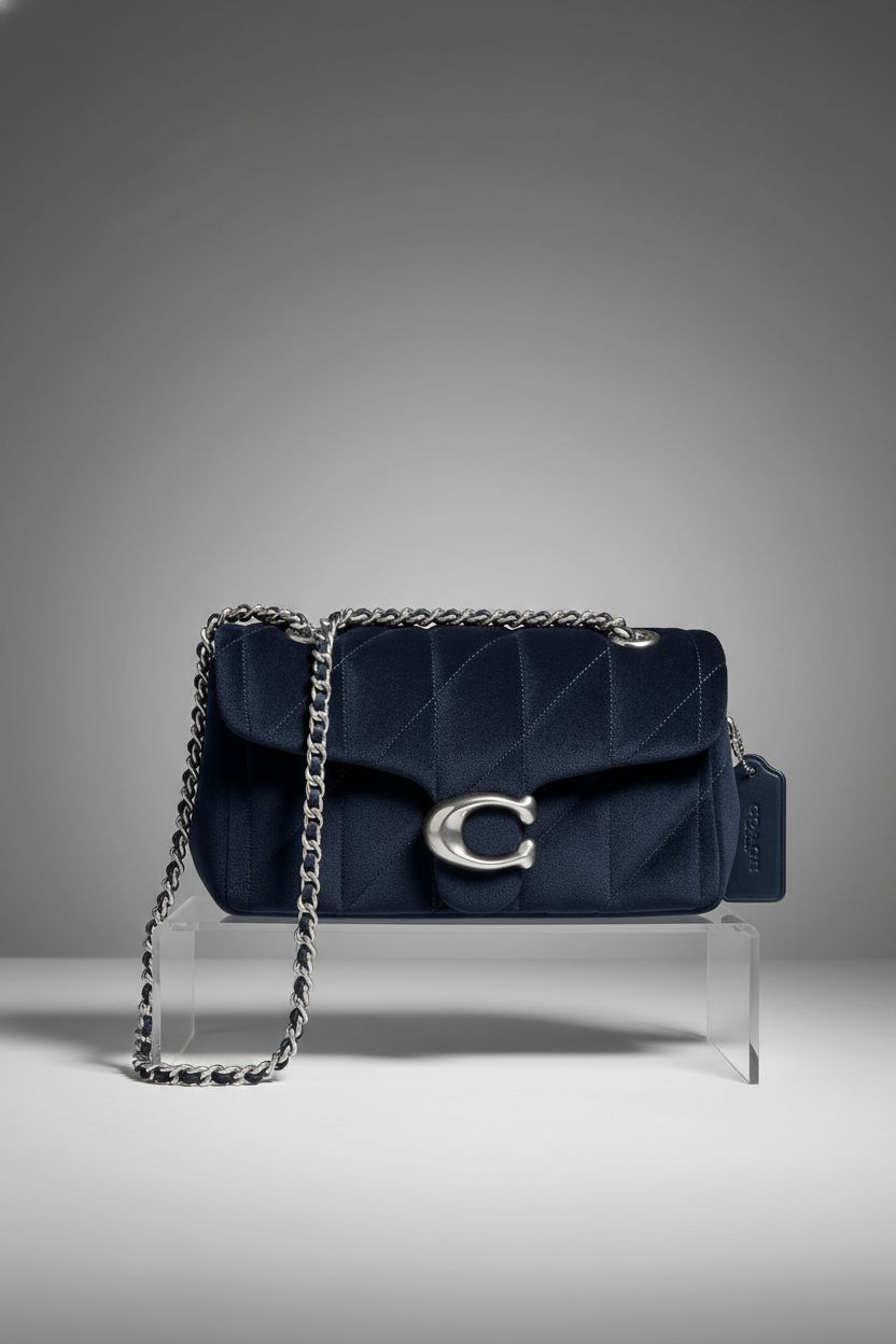 Detailed view of COACH Quilted Velvet Tabby shoulder bag showcasing its luxurious velvet and quilting.