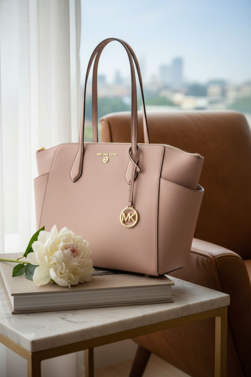 Michael Kors Marilyn Tote Bag displayed elegantly on a marble table, capturing the soft pink hue and luxurious details.