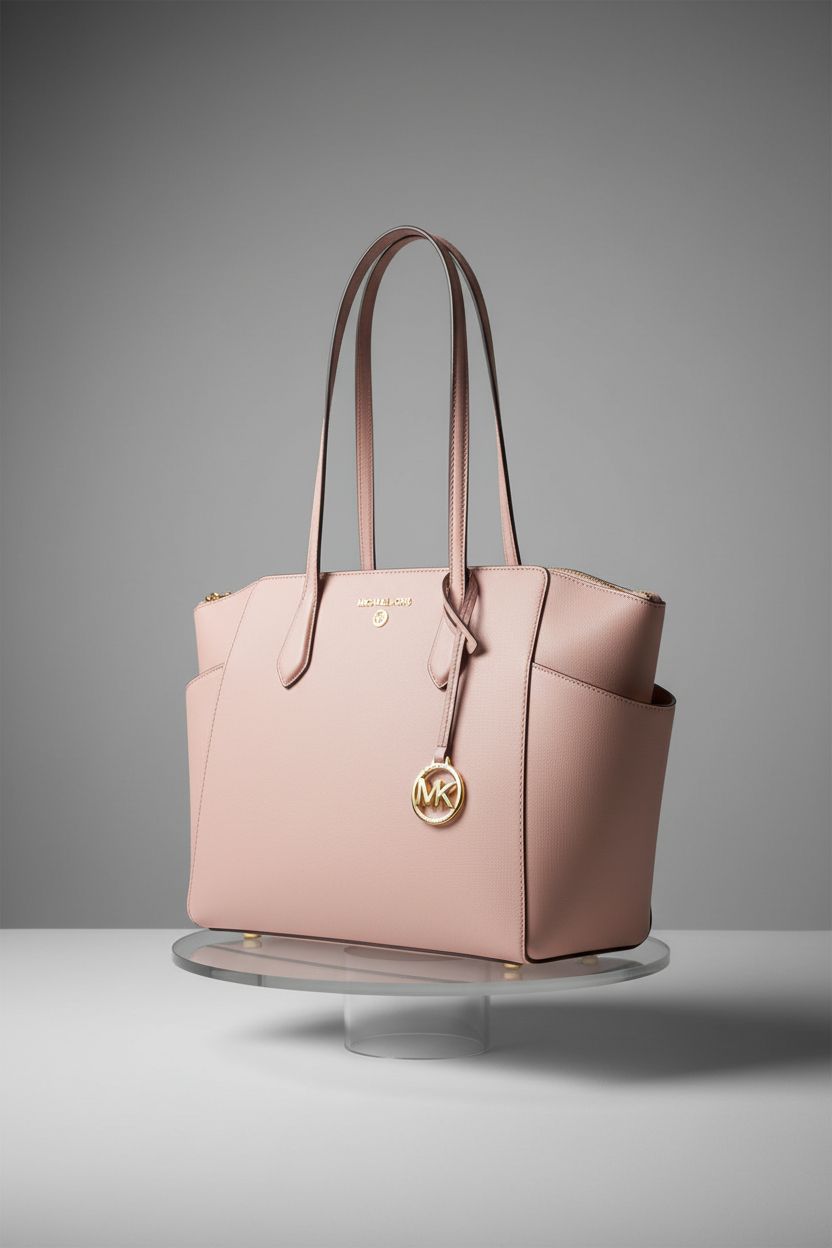 Close-up of Michael Kors Marilyn Medium Top-Zip Tote Bag in soft pink, highlighting Saffiano grain and gold-tone hardware.