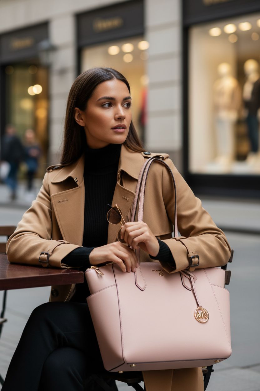 Michael Kors Marilyn Medium Top-Zip Tote Bag in soft pink with gold-tone hardware, stylishly placed at a café table.