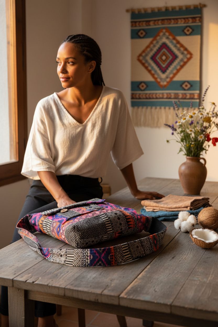 Tribe Azure Fair Trade purse next to natural cotton swatches in an artisan setting
