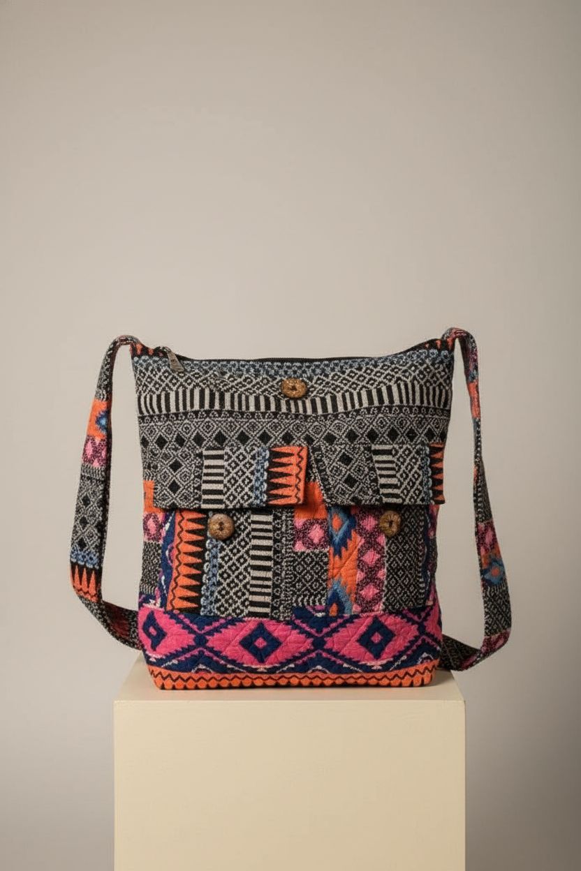 Tribe Azure Fair Trade spacious crossbody bag highlighted in studio lighting