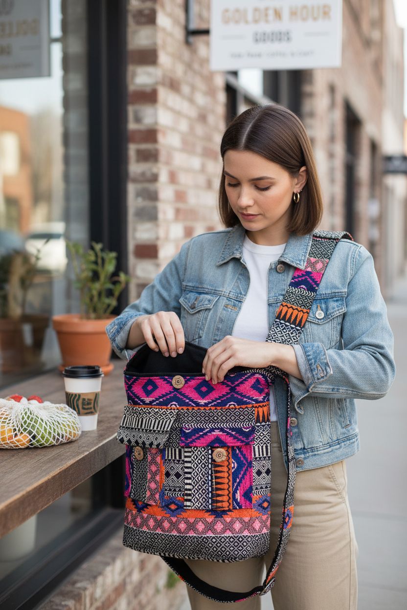 Tribe Azure Fair Trade thick cotton handbag at a café, showcasing colorful woven design