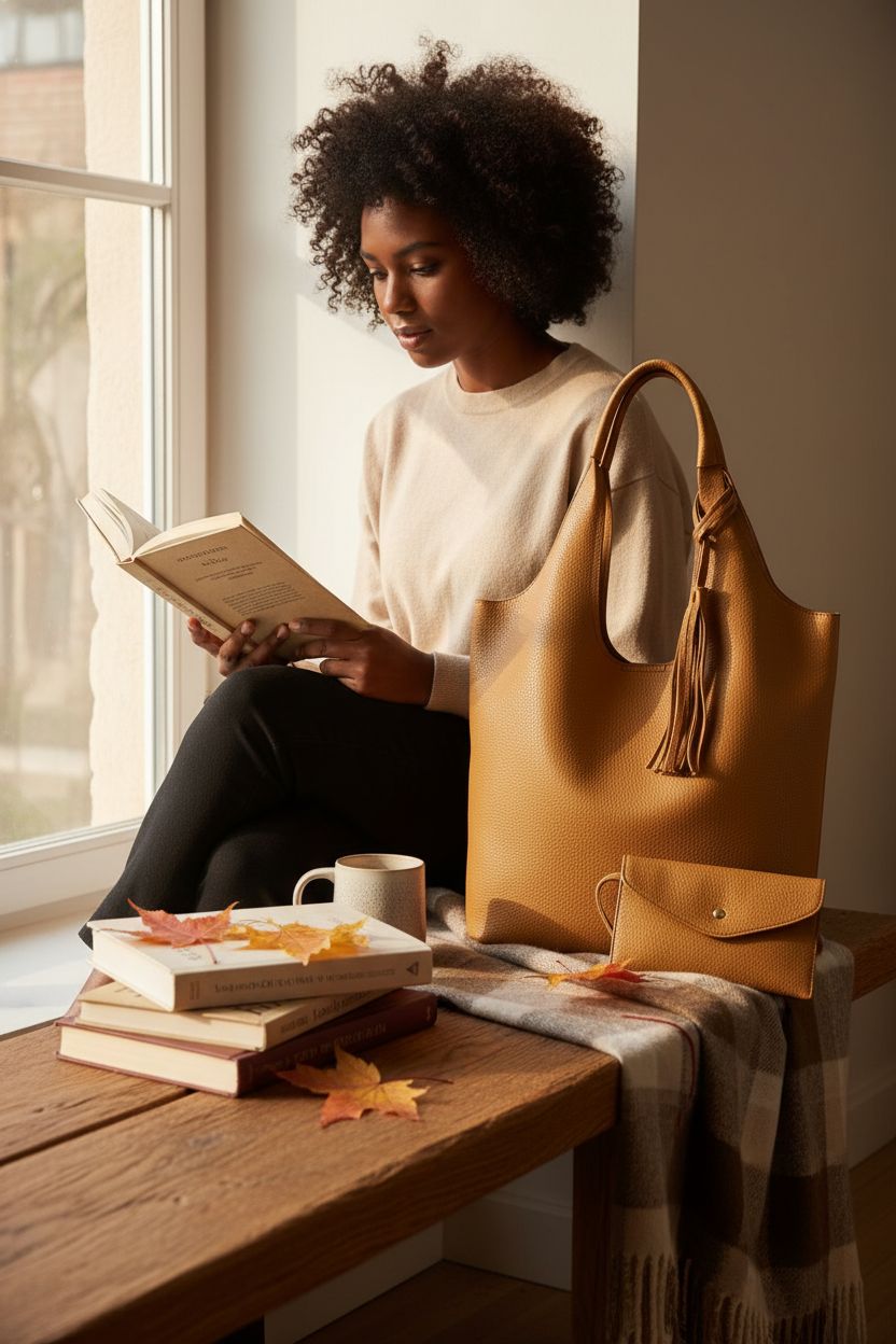 Cozy scene featuring Montana West hobo bag on a rustic bench with autumn décor.