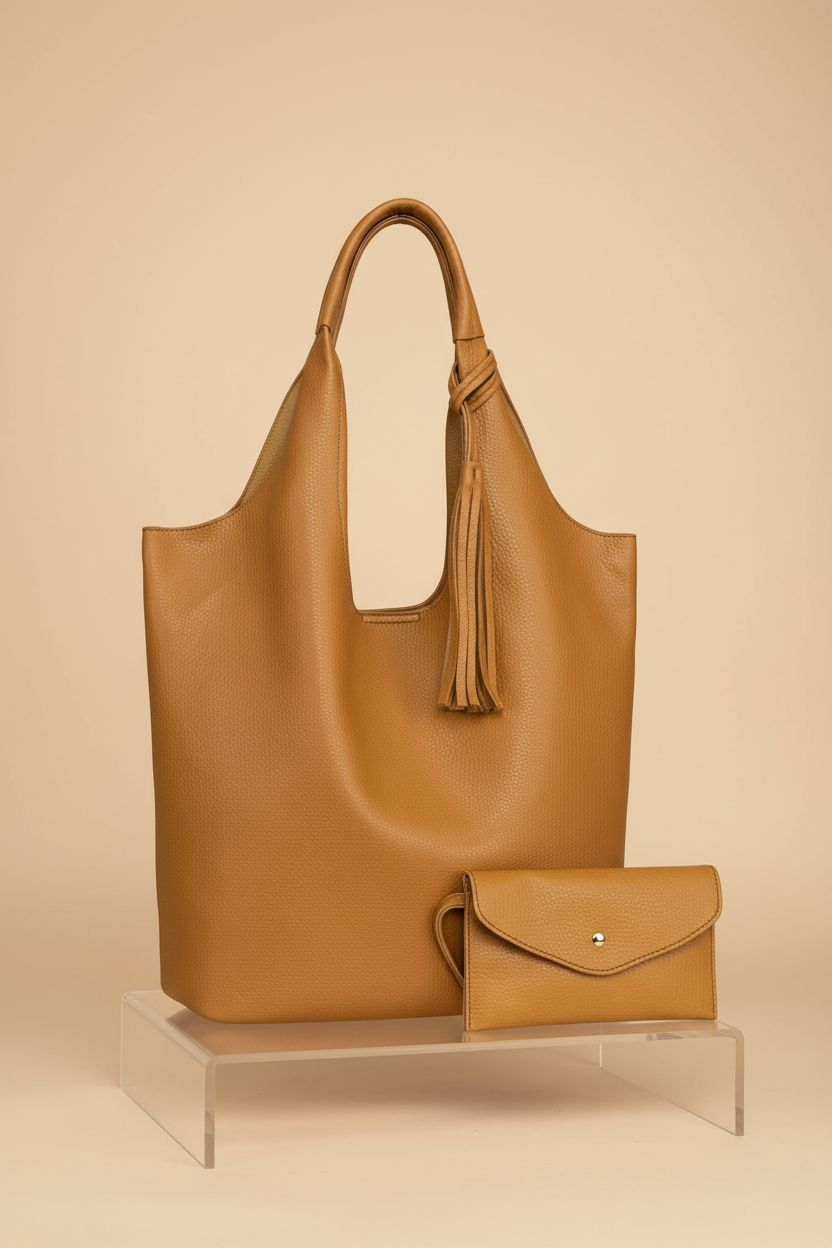 Montana West hobo bag and wallet displayed on an acrylic riser showcasing details.