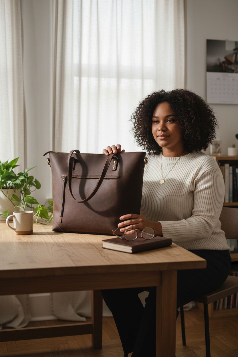 S-ZONE leather shoulder bag on desk in a cozy home office setting